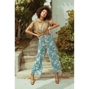 Novella Royale Floral Print Wide Leg Pants Elastic Waist Boho Blue Beige